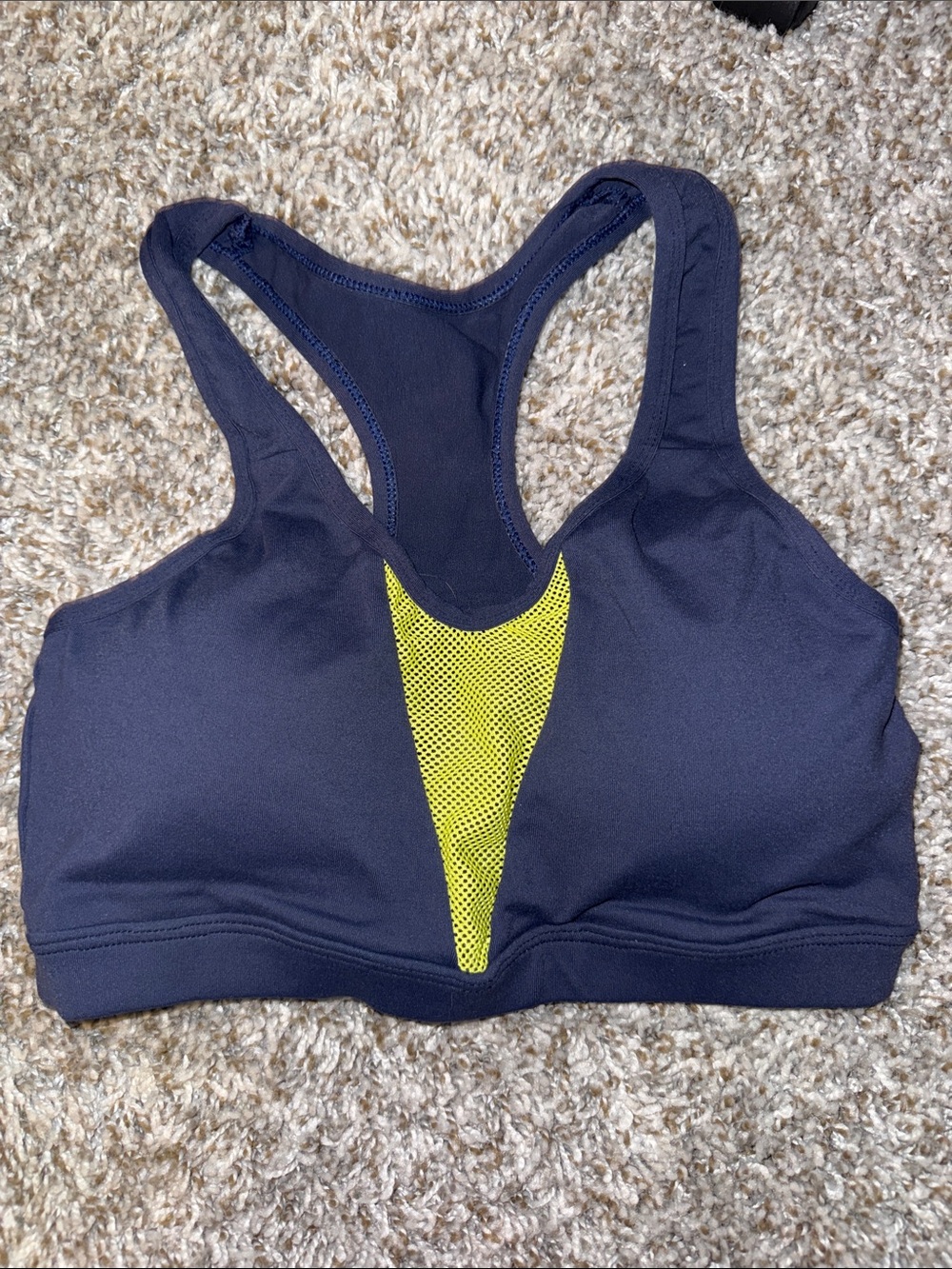 Navy Sports Bra with Yellow Mesh V-Panel - Women's High Support